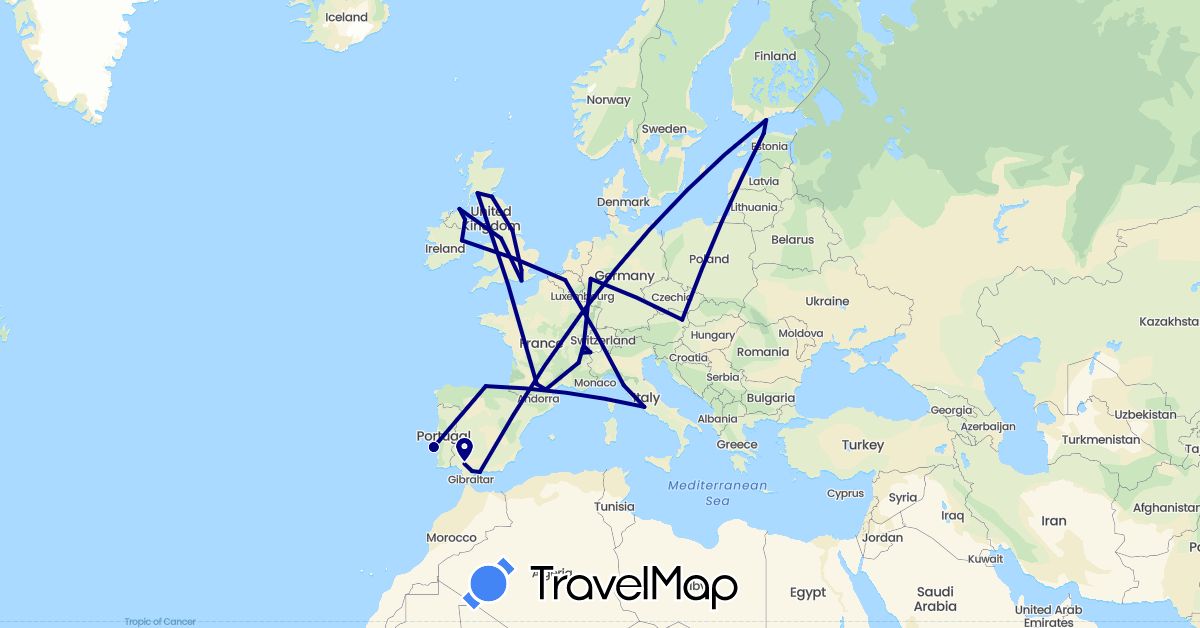 TravelMap itinerary: driving in Austria, Belgium, Switzerland, Germany, Estonia, Spain, Finland, France, United Kingdom, Ireland, Italy, Portugal (Europe)